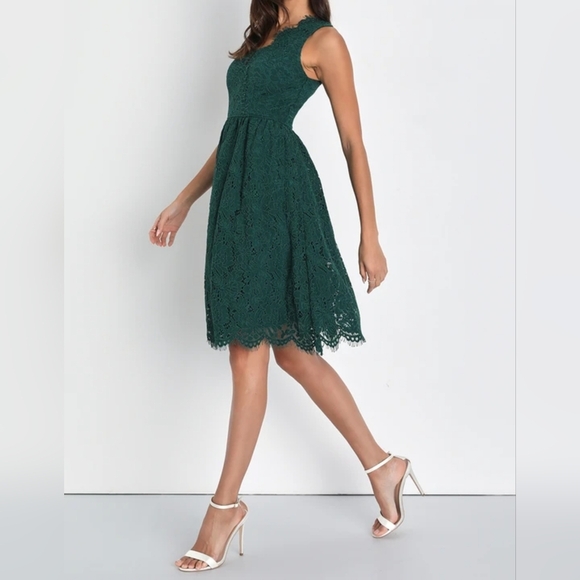 Lulus Women's Love Swept Emerald Green Lace Midi Skater Dress With Pockets, XS - Picture 1 of 10